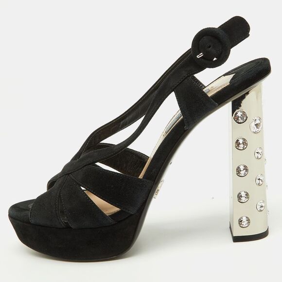 Prada Black Suede Crystal Embellished Heel Platform Sandals Size 38,New Products : American Fashion Style Bags On Sale